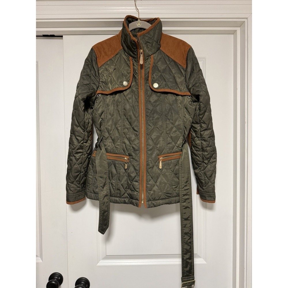 Vince Camuto Women's Olive Green Quilted Field Jacket Faux Suede Patch Belted M